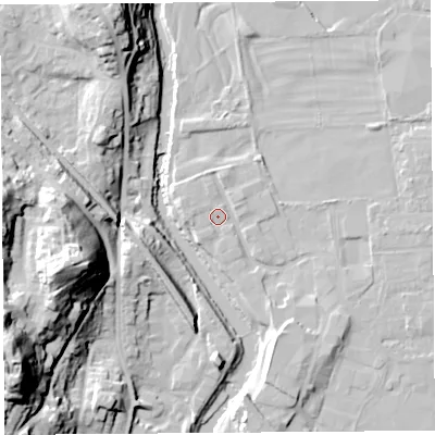 Shaded relief map of the ground around LA96NA, computed from Environment Agency LiDAR. The ground here sits at about 47 m above sea level and falls 43 m across the surrounding 800 m. Surface water reaching this point runs off ground lying to the west, 1.6 m higher.