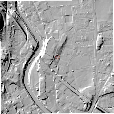Shaded relief map of the ground around LA96ND, computed from Environment Agency LiDAR. The ground here sits at about 48 m above sea level and falls 26 m across the surrounding 800 m. Surface water reaching this point runs off ground lying to the south-south-west, 5.0 m higher.