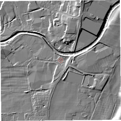 Shaded relief map of the ground around LA96NF, computed from Environment Agency LiDAR. The ground here sits at about 50 m above sea level and falls 14 m across the surrounding 800 m. Surface water reaching this point runs off ground lying to the east-north-east, 3.8 m higher.