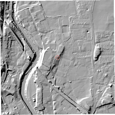 Shaded relief map of the ground around LA96NG, computed from Environment Agency LiDAR. The ground here sits at about 49 m above sea level and falls 14 m across the surrounding 800 m. Surface water reaching this point runs off ground lying to the west-south-west, 1.5 m higher.