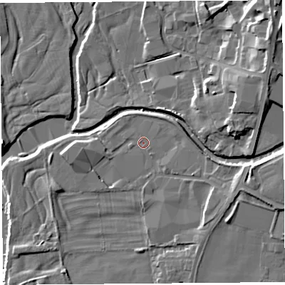 Shaded relief map of the ground around LA96NH, computed from Environment Agency LiDAR. The ground here sits at about 49 m above sea level and falls 20 m across the surrounding 800 m. Surface water reaching this point runs off ground lying to the east, 5.3 m higher.