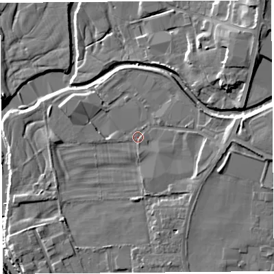 Shaded relief map of the ground around LA96NJ, computed from Environment Agency LiDAR. The ground here sits at about 49 m above sea level and falls 16 m across the surrounding 800 m. Surface water reaching this point runs off ground lying to the east, 5.3 m higher.