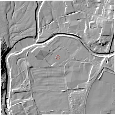 Shaded relief map of the ground around LA96NL, computed from Environment Agency LiDAR. The ground here sits at about 49 m above sea level and falls 17 m across the surrounding 800 m. Surface water reaching this point runs off ground lying to the east, 5.2 m higher.