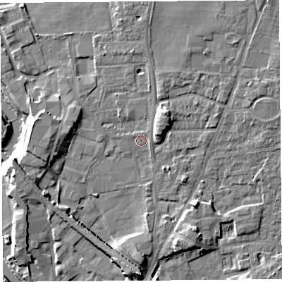 Shaded relief map of the ground around LA96NN, computed from Environment Agency LiDAR. The ground here sits at about 47 m above sea level and falls 10 m across the surrounding 800 m. Surface water reaching this point runs off ground lying to the west-south-west, 5.4 m higher.