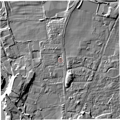 Shaded relief map of the ground around LA96NQ, computed from Environment Agency LiDAR. The ground here sits at about 48 m above sea level and falls 11 m across the surrounding 800 m. Surface water reaching this point runs off ground lying to the north-north-west, 3.1 m higher.