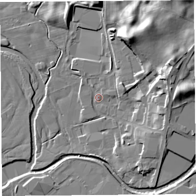 Shaded relief map of the ground around LA96NS, computed from Environment Agency LiDAR. The ground here sits at about 50 m above sea level and falls 21 m across the surrounding 800 m. Surface water reaching this point runs off ground lying to the east-north-east, 15.8 m higher.