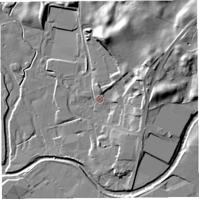 Shaded relief map of the ground around LA96NT, computed from Environment Agency LiDAR. The ground here sits at about 51 m above sea level and falls 21 m across the surrounding 800 m. Surface water reaching this point runs off ground lying to the north, 4.1 m higher.