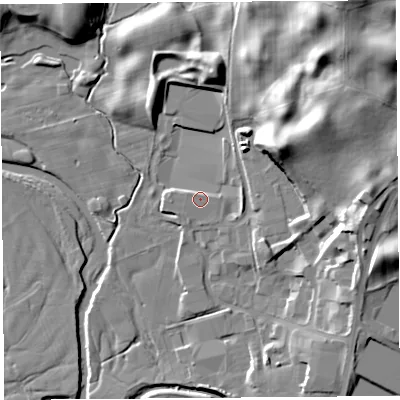 Shaded relief map of the ground around LA96NW, computed from Environment Agency LiDAR. The ground here sits at about 50 m above sea level and falls 23 m across the surrounding 800 m. The ground contributing surface water to this point lies to the west-north-west.