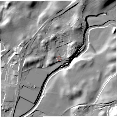 Shaded relief map of the ground around LA96NY, computed from Environment Agency LiDAR. The ground here sits at about 60 m above sea level and falls 39 m across the surrounding 800 m. Surface water reaching this point runs off ground lying to the north-north-east, 11.8 m higher.