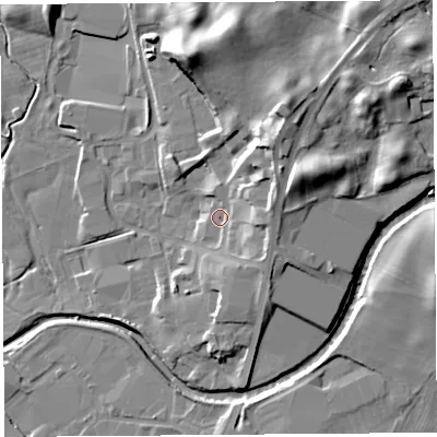 Shaded relief map of the ground around LA96NZ, computed from Environment Agency LiDAR. The ground here sits at about 52 m above sea level and falls 21 m across the surrounding 800 m. Surface water reaching this point runs off ground lying to the north-east, 8.9 m higher.