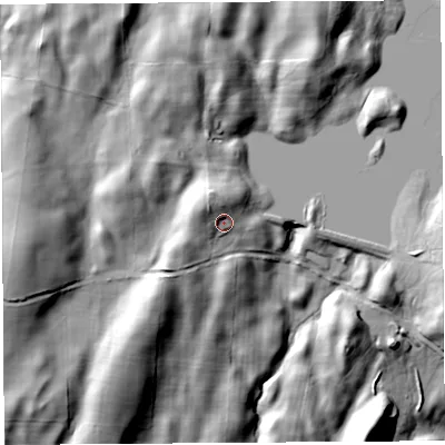 Shaded relief map of the ground around LA96PG, computed from Environment Agency LiDAR. The ground here sits at about 228 m above sea level and falls 50 m across the surrounding 800 m. Surface water reaching this point runs off ground lying to the north-west, 8.7 m higher.