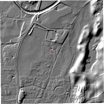 Shaded relief map of the ground around LA96PJ, computed from Environment Agency LiDAR. The ground here sits at about 50 m above sea level and falls 17 m across the surrounding 800 m. Surface water reaching this point runs off ground lying to the north-north-east, 3.6 m higher.