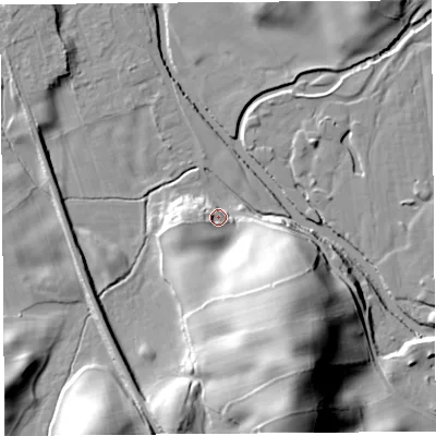 Shaded relief map of the ground around LA96PN, computed from Environment Agency LiDAR. The ground here sits at about 56 m above sea level and falls 37 m across the surrounding 800 m. Surface water reaching this point runs off ground lying to the south-west, 4.3 m higher.