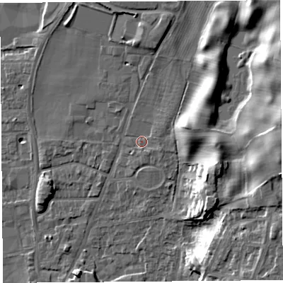 Shaded relief map of the ground around LA96PP, computed from Environment Agency LiDAR. The ground here sits at about 49 m above sea level and falls 16 m across the surrounding 800 m. Surface water reaching this point runs off ground lying to the north-north-east, 2.8 m higher.