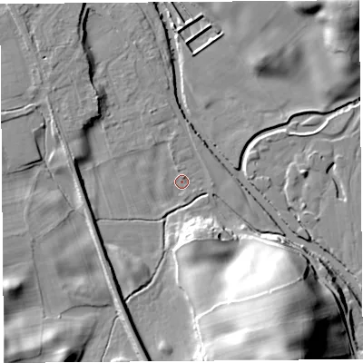 Shaded relief map of the ground around LA96PQ, computed from Environment Agency LiDAR. The ground here sits at about 51 m above sea level and falls 36 m across the surrounding 800 m. Surface water reaching this point runs off ground lying to the west-north-west, 1.9 m higher.
