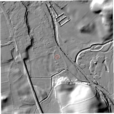Shaded relief map of the ground around LA96PR, computed from Environment Agency LiDAR. The ground here sits at about 52 m above sea level and falls 35 m across the surrounding 800 m. Surface water reaching this point runs off ground lying to the north-west, 0.8 m higher.