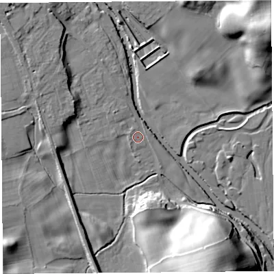 Shaded relief map of the ground around LA96PS, computed from Environment Agency LiDAR. The ground here sits at about 52 m above sea level and falls 36 m across the surrounding 800 m. Surface water reaching this point runs off ground lying to the north-west, 6.6 m higher.