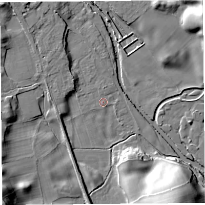 Shaded relief map of the ground around LA96PT, computed from Environment Agency LiDAR. The ground here sits at about 53 m above sea level and falls 31 m across the surrounding 800 m. Surface water reaching this point runs off ground lying to the north-west, 5.9 m higher.