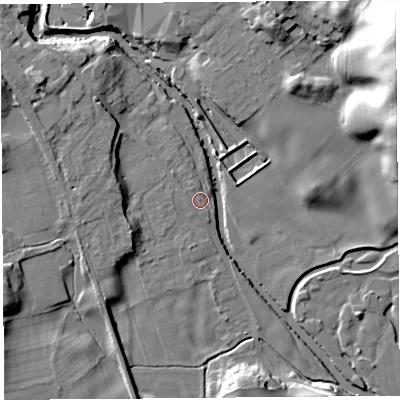 Shaded relief map of the ground around LA96PU, computed from Environment Agency LiDAR. The ground here sits at about 53 m above sea level and falls 36 m across the surrounding 800 m. Surface water reaching this point runs off ground lying to the north-north-west, 1.7 m higher.