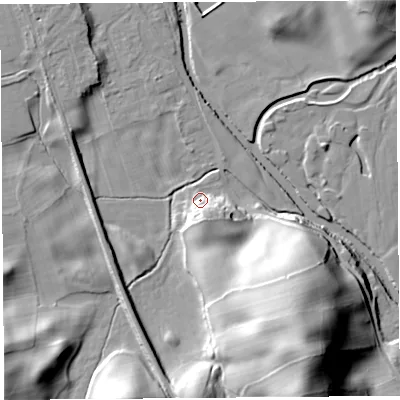 Shaded relief map of the ground around LA96PW, computed from Environment Agency LiDAR. The ground here sits at about 54 m above sea level and falls 36 m across the surrounding 800 m. Surface water reaching this point runs off ground lying to the south-south-east, 9.0 m higher.