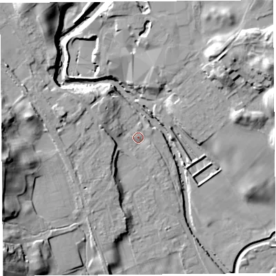 Shaded relief map of the ground around LA96PX, computed from Environment Agency LiDAR. The ground here sits at about 54 m above sea level and falls 23 m across the surrounding 800 m. Surface water reaching this point runs off ground lying to the west, 5.9 m higher.