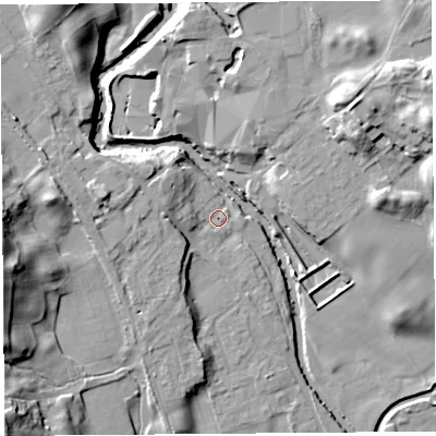 Shaded relief map of the ground around LA96PY, computed from Environment Agency LiDAR. The ground here sits at about 54 m above sea level and falls 23 m across the surrounding 800 m. Surface water reaching this point runs off ground lying to the west, 3.6 m higher.