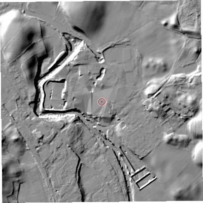 Shaded relief map of the ground around LA96PZ, computed from Environment Agency LiDAR. The ground here sits at about 58 m above sea level and falls 21 m across the surrounding 800 m. Surface water reaching this point runs off ground lying to the east-south-east, 1.3 m higher.