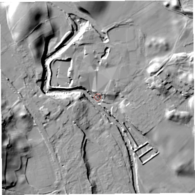 Shaded relief map of the ground around LA96QA, computed from Environment Agency LiDAR. The ground here sits at about 53 m above sea level and falls 22 m across the surrounding 800 m. Surface water reaching this point runs off ground lying to the north-west, 20.2 m higher.