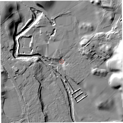 Shaded relief map of the ground around LA96QB, computed from Environment Agency LiDAR. The ground here sits at about 55 m above sea level and falls 29 m across the surrounding 800 m. Surface water reaching this point runs off ground lying to the east-north-east, 13.3 m higher.