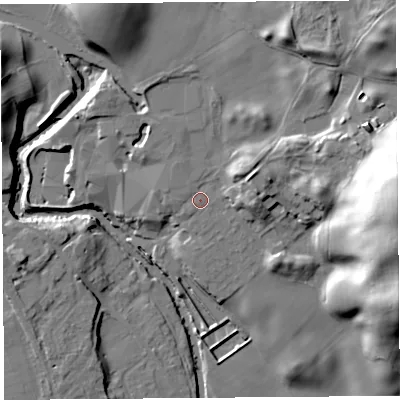 Shaded relief map of the ground around LA96QE, computed from Environment Agency LiDAR. The ground here sits at about 58 m above sea level and falls 38 m across the surrounding 800 m. Surface water reaching this point runs off ground lying to the east, 29.8 m higher.