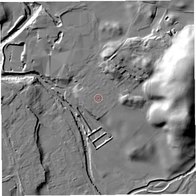 Shaded relief map of the ground around LA96QF, computed from Environment Agency LiDAR. The ground here sits at about 58 m above sea level and falls 40 m across the surrounding 800 m. Surface water reaching this point runs off ground lying to the north-north-east, 1.2 m higher.