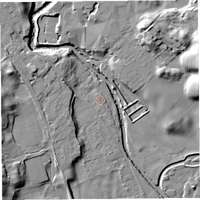 Shaded relief map of the ground around LA96QG, computed from Environment Agency LiDAR. The ground here sits at about 54 m above sea level and falls 21 m across the surrounding 800 m. Surface water reaching this point runs off ground lying to the north-north-west, 0.6 m higher.