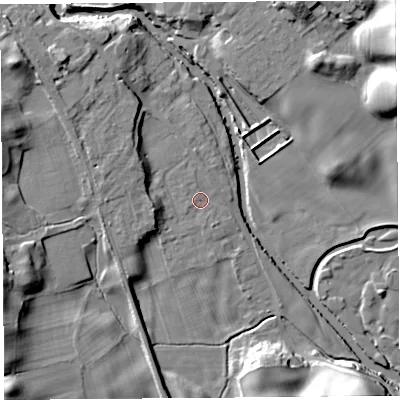 Shaded relief map of the ground around LA96QH, computed from Environment Agency LiDAR. The ground here sits at about 53 m above sea level and falls 24 m across the surrounding 800 m. Surface water reaching this point runs off ground lying to the north, 1.0 m higher.
