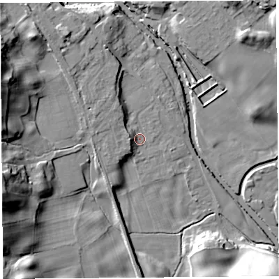 Shaded relief map of the ground around LA96QJ, computed from Environment Agency LiDAR. The ground here sits at about 53 m above sea level and falls 26 m across the surrounding 800 m. Surface water reaching this point runs off ground lying to the north-north-west, 5.6 m higher.