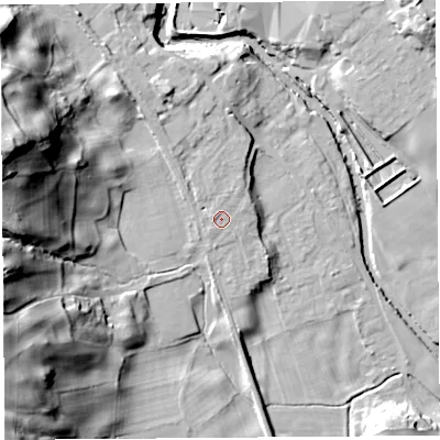 Shaded relief map of the ground around LA96QL, computed from Environment Agency LiDAR. The ground here sits at about 57 m above sea level and falls 45 m across the surrounding 800 m. Surface water reaching this point runs off ground lying to the west, 0.8 m higher.
