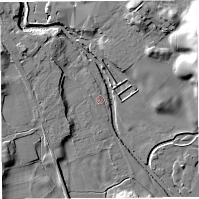 Shaded relief map of the ground around LA96QQ, computed from Environment Agency LiDAR. The ground here sits at about 54 m above sea level and falls 33 m across the surrounding 800 m. Surface water reaching this point runs off ground lying to the north-north-west, 1.1 m higher.