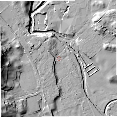 Shaded relief map of the ground around LA96QR, computed from Environment Agency LiDAR. The ground here sits at about 54 m above sea level and falls 32 m across the surrounding 800 m. Surface water reaching this point runs off ground lying to the west-north-west, 5.4 m higher.