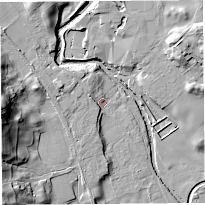 Shaded relief map of the ground around LA96QS, computed from Environment Agency LiDAR. The ground here sits at about 55 m above sea level and falls 36 m across the surrounding 800 m. Surface water reaching this point runs off ground lying to the west-north-west, 5.2 m higher.