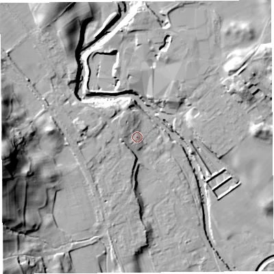 Shaded relief map of the ground around LA96QU, computed from Environment Agency LiDAR. The ground here sits at about 56 m above sea level and falls 36 m across the surrounding 800 m. Surface water reaching this point runs off ground lying to the west-north-west, 4.3 m higher.