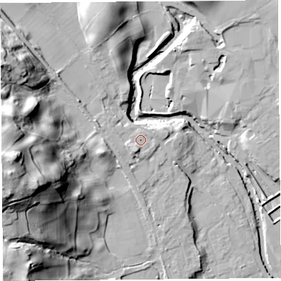 Shaded relief map of the ground around LA96QX, computed from Environment Agency LiDAR. The ground here sits at about 60 m above sea level and falls 50 m across the surrounding 800 m. Surface water reaching this point runs off ground lying to the south-south-west, 2.2 m higher.
