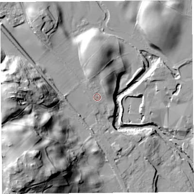 Shaded relief map of the ground around LA96RA, computed from Environment Agency LiDAR. The ground here sits at about 60 m above sea level and falls 52 m across the surrounding 800 m. Surface water reaching this point runs off ground lying to the north, 10.8 m higher.