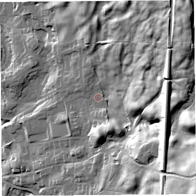 Shaded relief map of the ground around LA96RR, computed from Environment Agency LiDAR. The ground here sits at about 70 m above sea level and falls 75 m across the surrounding 800 m. Surface water reaching this point runs off ground lying to the north-east, 59.3 m higher.