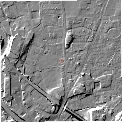 Shaded relief map of the ground around LA96RU, computed from Environment Agency LiDAR. The ground here sits at about 46 m above sea level and falls 11 m across the surrounding 800 m. Surface water reaching this point runs off ground lying to the west-south-west, 5.7 m higher.