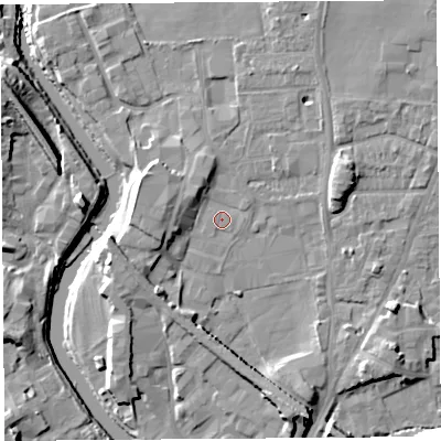 Shaded relief map of the ground around LA96RX, computed from Environment Agency LiDAR. The ground here sits at about 47 m above sea level and falls 11 m across the surrounding 800 m. Surface water reaching this point runs off ground lying to the west-south-west, 4.7 m higher.