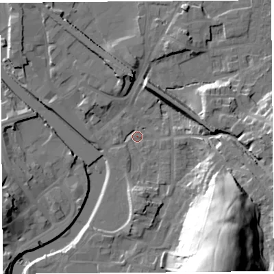 Shaded relief map of the ground around LA97AA, computed from Environment Agency LiDAR. The ground here sits at about 44 m above sea level and falls 49 m across the surrounding 800 m. Surface water reaching this point runs off ground lying to the south-east, 36.9 m higher.