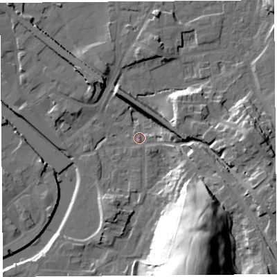 Shaded relief map of the ground around LA97AD, computed from Environment Agency LiDAR. The ground here sits at about 45 m above sea level and falls 47 m across the surrounding 800 m. Surface water reaching this point runs off ground lying to the south-east, 28.6 m higher.