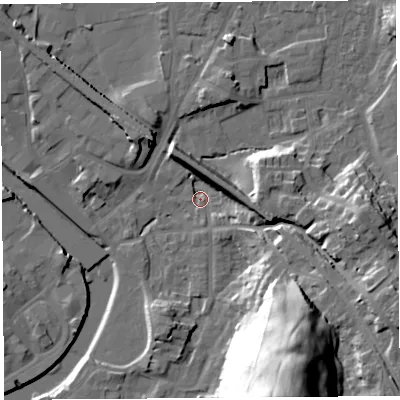 Shaded relief map of the ground around LA97AE, computed from Environment Agency LiDAR. The ground here sits at about 44 m above sea level and falls 43 m across the surrounding 800 m. Surface water reaching this point runs off ground lying to the east, 9.6 m higher.