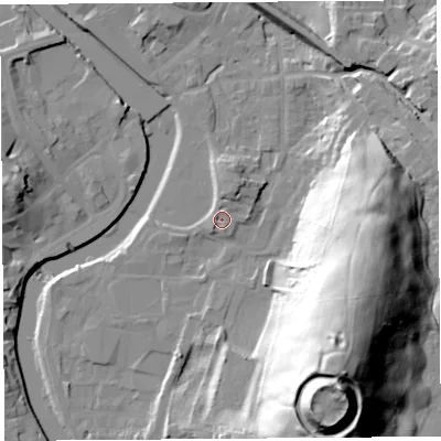 Shaded relief map of the ground around LA97AF, computed from Environment Agency LiDAR. The ground here sits at about 45 m above sea level and falls 57 m across the surrounding 800 m. Surface water reaching this point runs off ground lying to the north-north-east, 1.0 m higher.