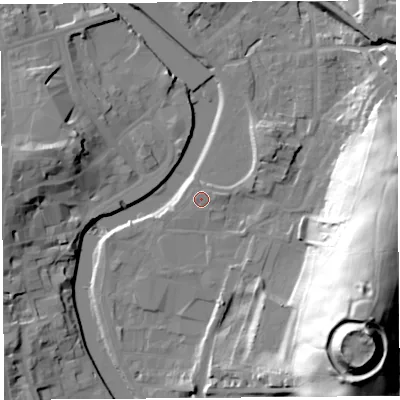 Shaded relief map of the ground around LA97AH, computed from Environment Agency LiDAR. The ground here sits at about 44 m above sea level and falls 57 m across the surrounding 800 m. Surface water reaching this point runs off ground lying to the east-north-east, 1.0 m higher.