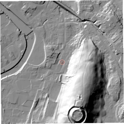 Shaded relief map of the ground around LA97AJ, computed from Environment Agency LiDAR. The ground here sits at about 44 m above sea level and falls 57 m across the surrounding 800 m. Surface water reaching this point runs off ground lying to the south-east, 44.6 m higher.